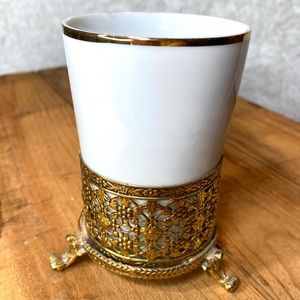 Vintage Stylebuilt Porcelain And Gilded Gold Tone Vanity Cup Holder